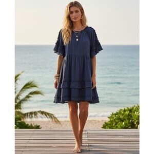 LA PLAGE Ella Navy Blue Mini Dress Medium Tiered Ruffle Beachy Boho Coastal Prep